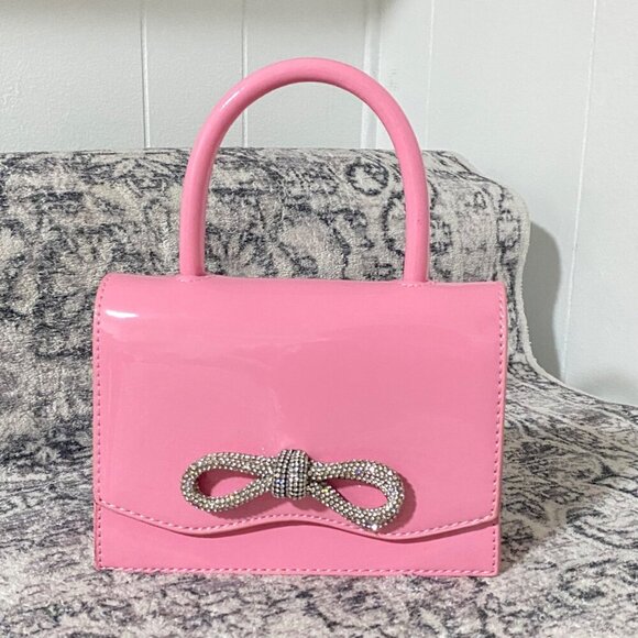 Pink Single Handle Mini Patent Handbag Rhinestone Bow - Picture 2 of 6